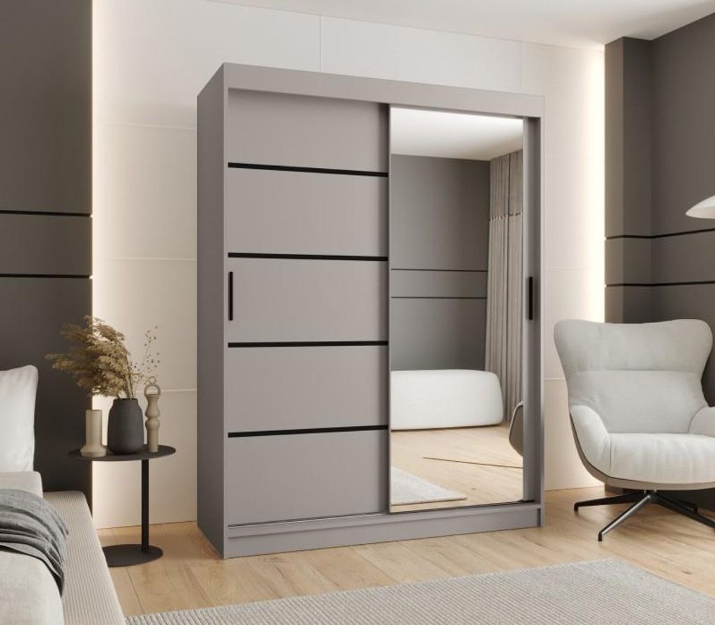 Breiter Kleiderschrank CASANDRA 150 cm mit Spiegel – Kaschmir/Schwarz