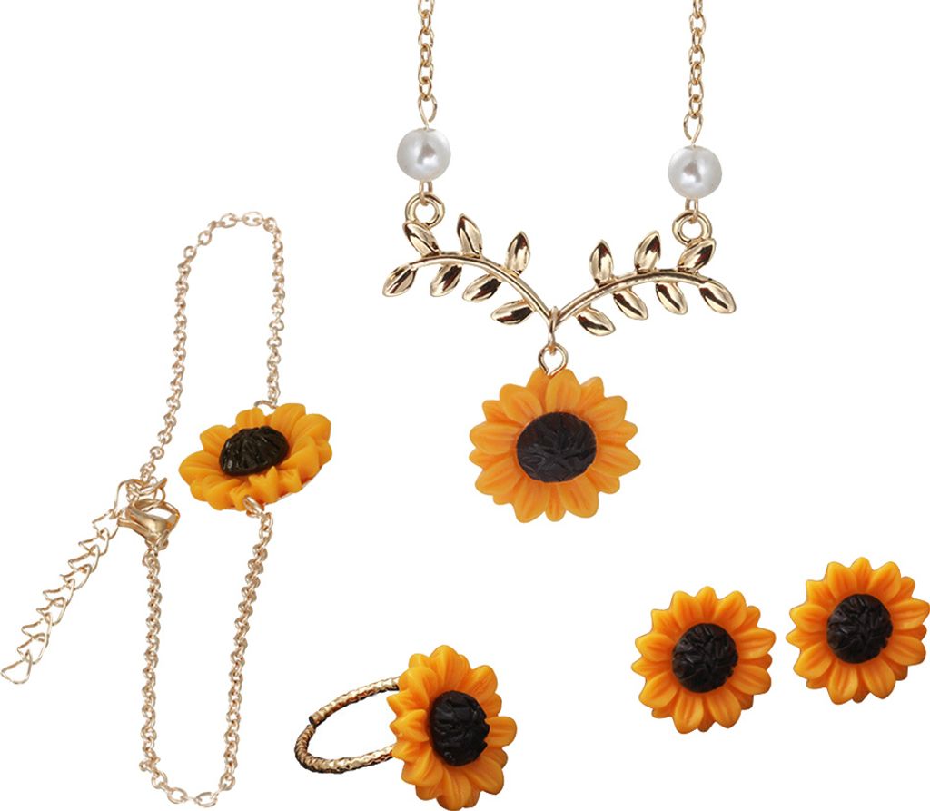 5 Teile/satz Mode Sonnenblumen Anhänger Halskette Stud Ohrringe Ring Armband Schmuck-Golden