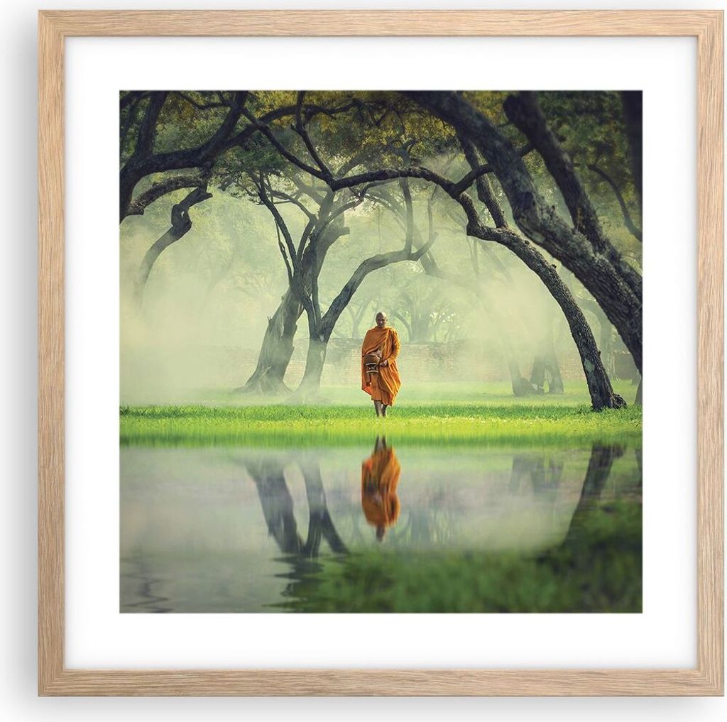 Gerahmtes Poster - Rahmen in heller Eiche - Mönch Wald Nebel - 40x40 cm - Wand Bild - Wanddeko - Wandbilder - Kunstposter - Wandposter - Bilderrah...