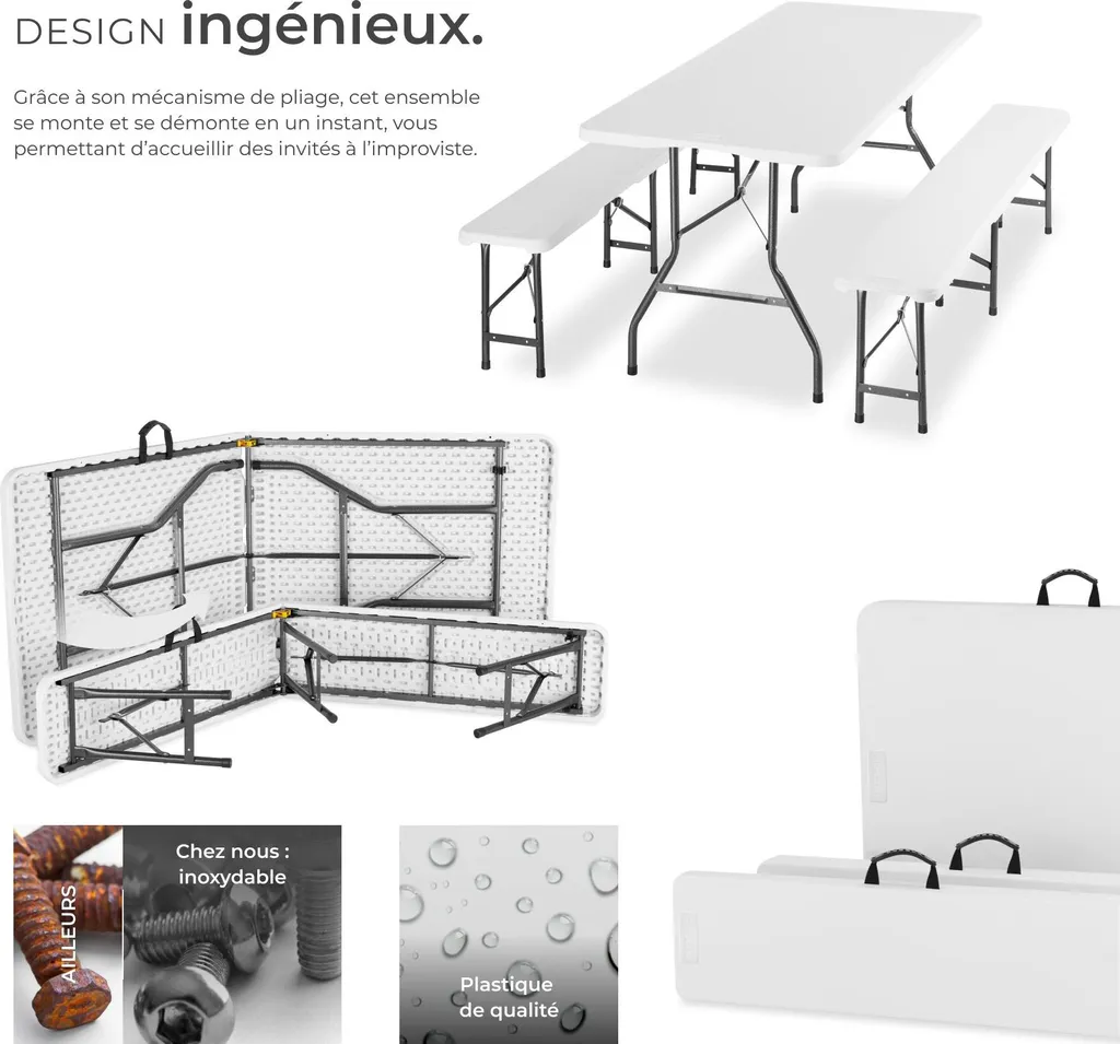 Mobilier de camping pliable blanc : table valise et assises intégrées - 3