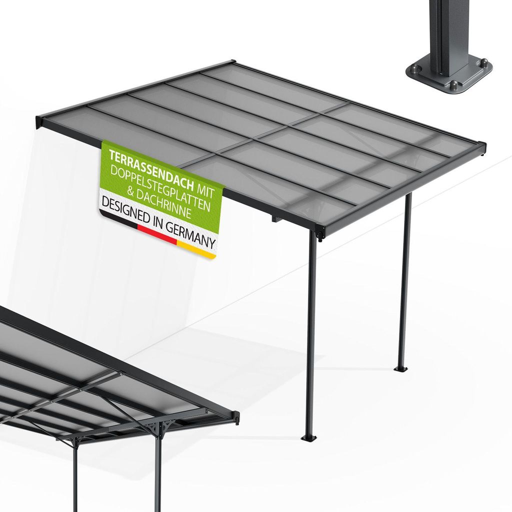 Juskys Terrassenüberdachung Borneo 3x3 m – Aluminium Terrassendach mit Doppelstegplatten Sonnenschutz Wandmontage Überdachung für Terrassen An...