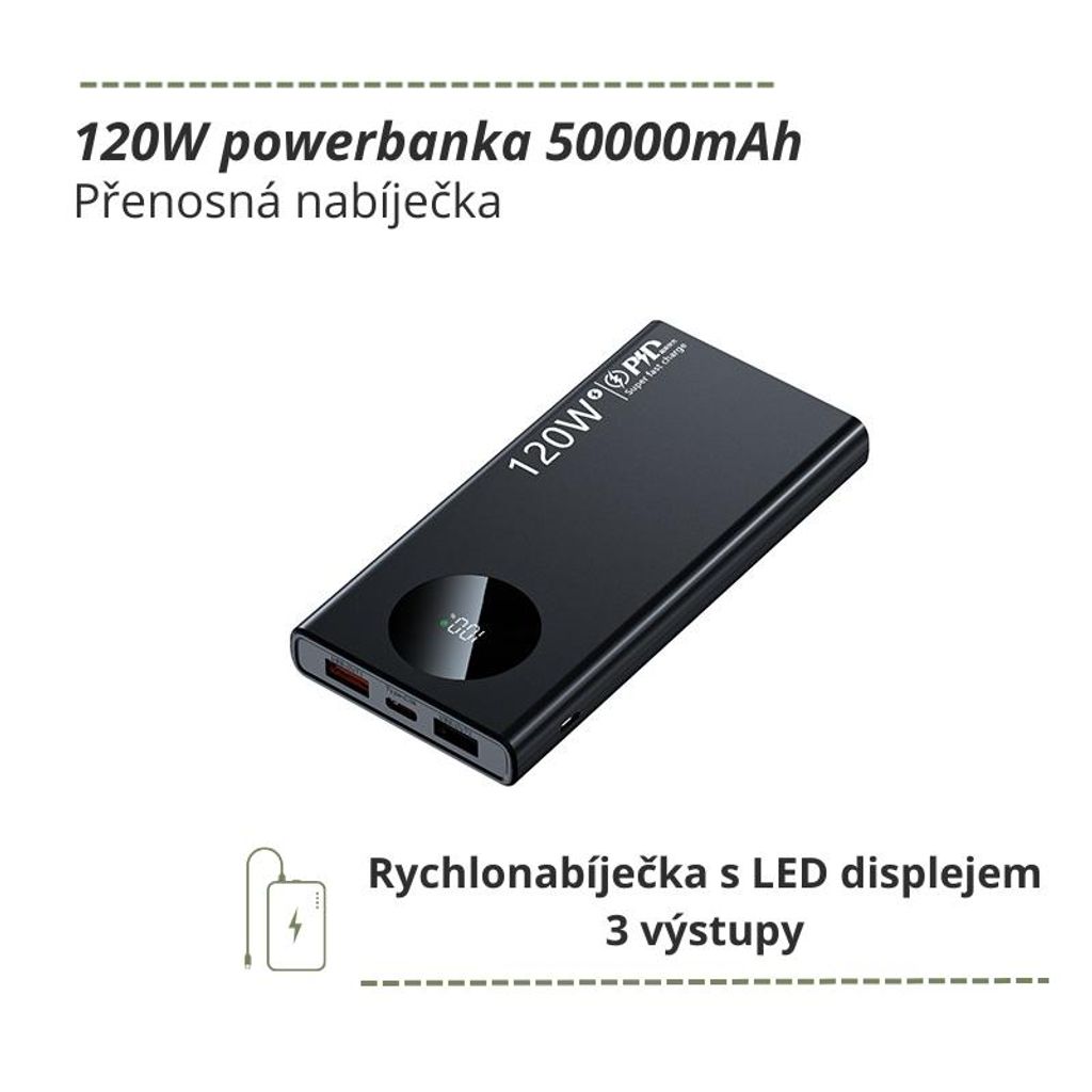 120W powerbanka 50000mAh - černá - rychlonabíječka s LED Obrázek produktu 