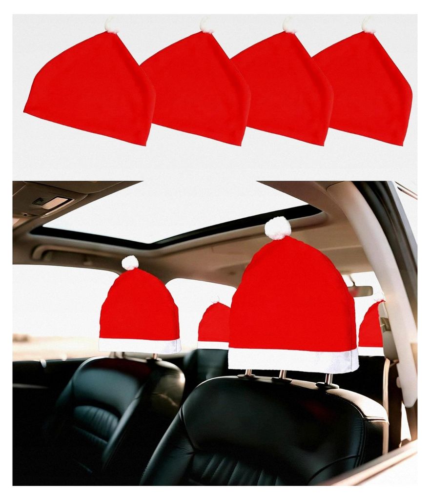 Santa Hut Kopfstützenbezüge für Autos, 4er Set, lustige Weihnachtsmütze für Kopfstützen, weiche Vlies-Dekoration für den Innenraum, Weihnach...