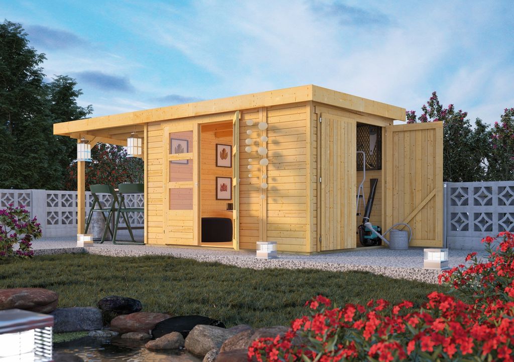 Karibu Gartenhaus Gerätehaus Retola 3 inkl. Anbauschrank und Anbaudach 2,40 m Breite naturbelassen 539x217x211 cm