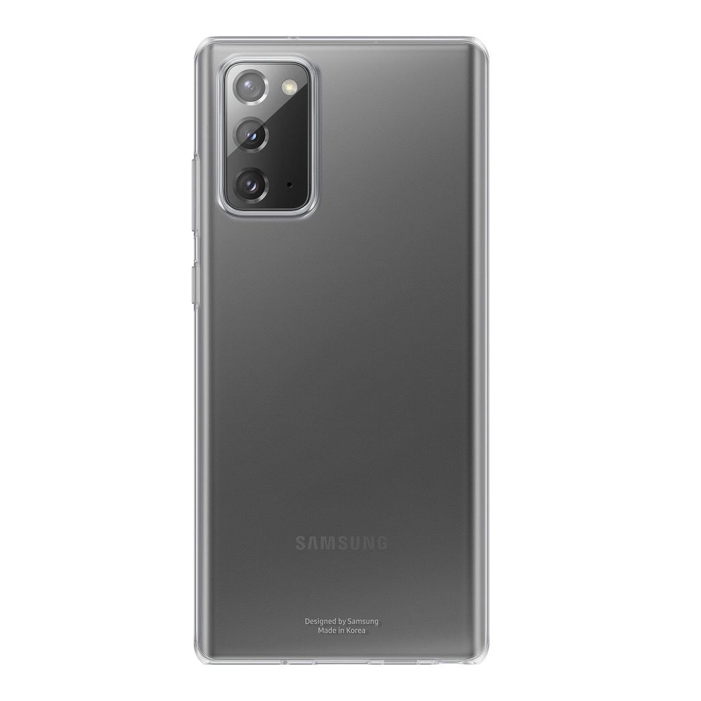 A transparent phone case is shown against a white background.