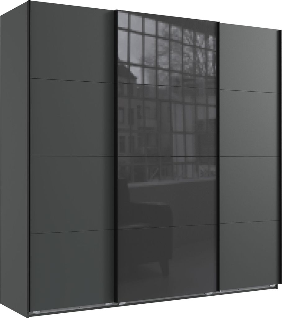 Schwebetürenschrank Kleiderschrank B225 cm extra H236 cm 3-trg. Grafit, 1x Tür Glas Grau / 22544
