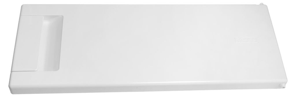 A white refrigerator door/drawer front with a recessed handle area on the left.