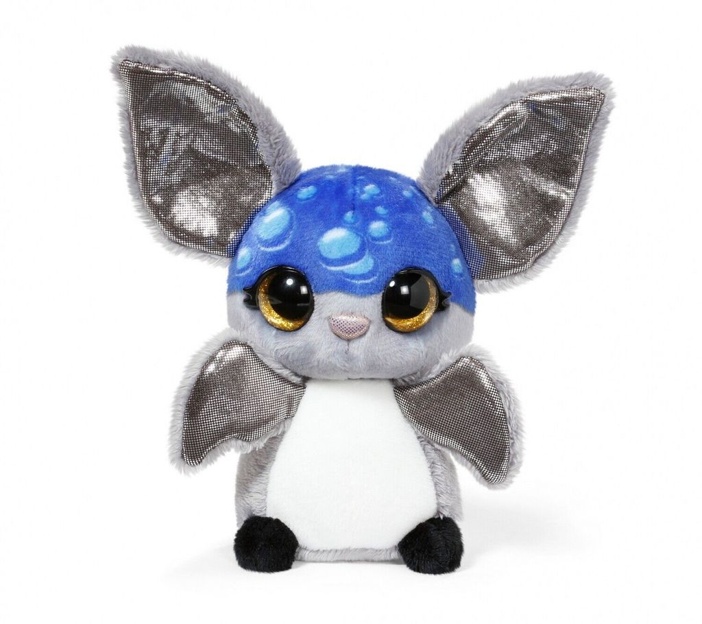 A plush toy bat with large ears and big eyes, sitting on a white background.