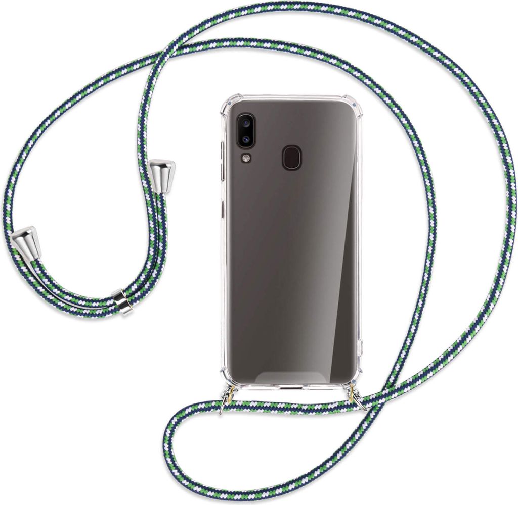 Handykette Backcover-Schutzhülle mit Band (Metall silberfarben) für Samsung Galaxy A20e - grün/blau/weiß