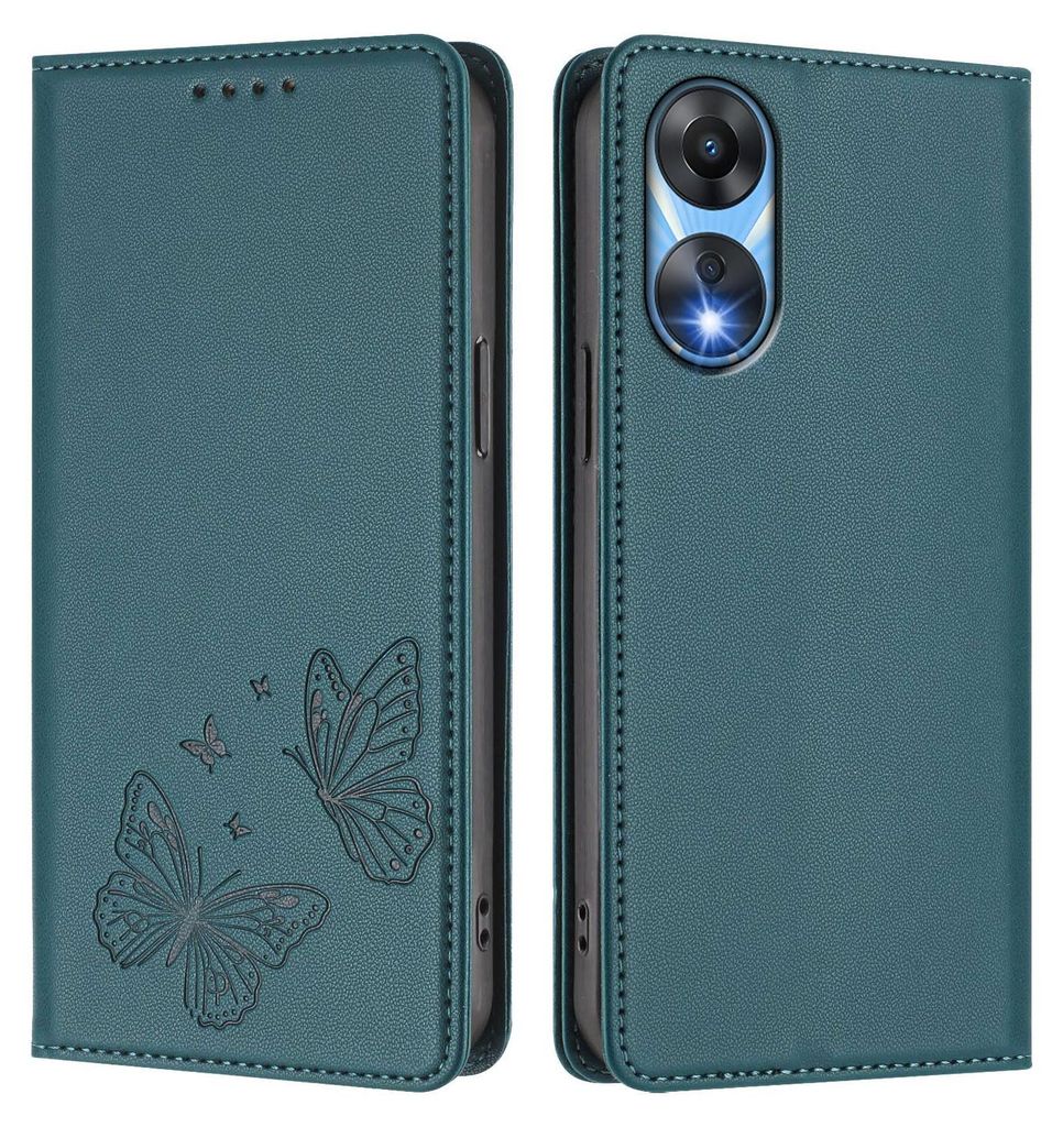 Lederhülle für Oppo A78 5G, Schmetterling Prägung Leder Brieftasche Schutzhülle mit Ständer Grün