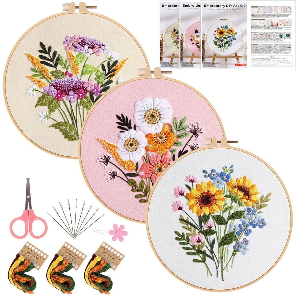 INF Kit Ricamo a Mano Fai-da-Te - 3 Set Motivi Floreali, Immagine del prodotto 