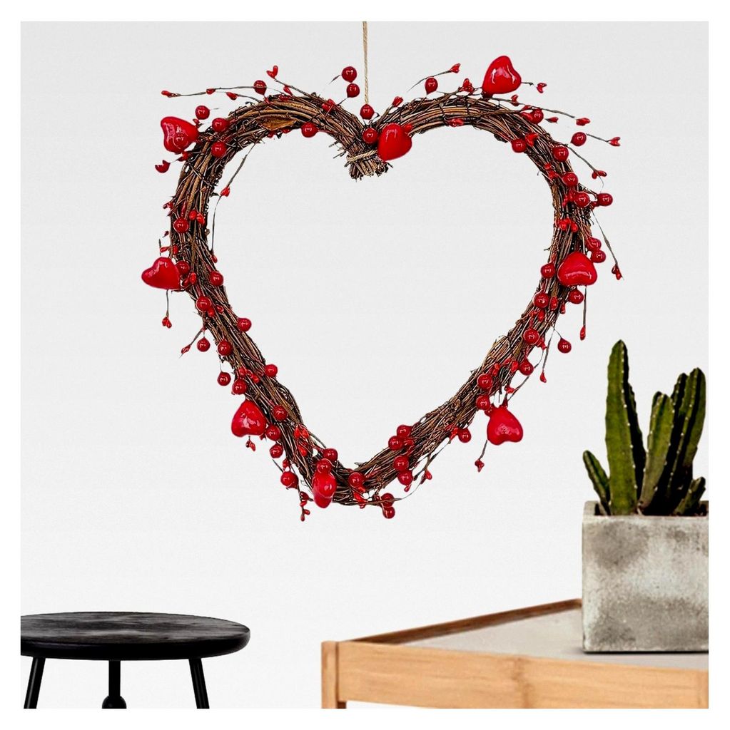Dekorationskranz zum Valentinstag, Herzförmiger Schmuck, 30 cm Dekorationsartikel mit roten Beeren | Für Feiertage Zuhause, Draußen, Drinnen, T...