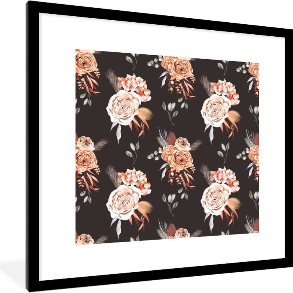 MuchoWow Gerahmtes Poster Blumen - Bohème Dekoration - Schwarz 40x40 cm - Poster mit Schwarzem Bilderrahmen Wandposter Rahmen Foto Bilder - Post...