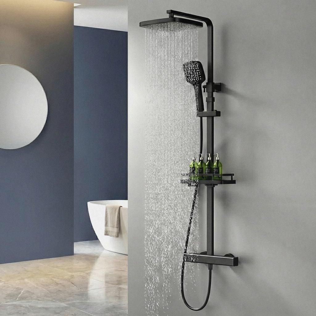 Duscharmatur mit Thermostat & Duschablage - Duscharmatur Komplettset Schwarz mit Handbrause & Regendusche Kopfbrause - Höhenverstellbar, 38°C Sic...