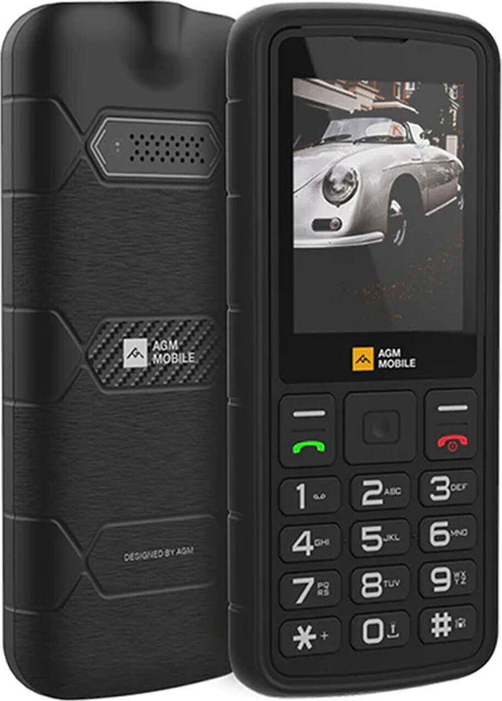 A rugged AGM Mobile M9 Bartype 4G phone is shown from the front and back.
