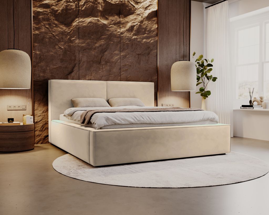 Besilio Möbel Polsterbett Doppelbett 120x200 Santos - Polsterbett mit Bettkasten und Metallrahmen - Samtstoff - Beige