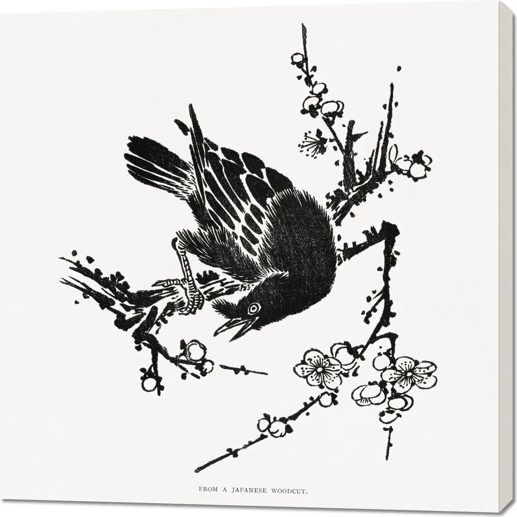 Grand Tableau Corbeau Japonais Vintage 100x100 cm Toile Haute Qualité