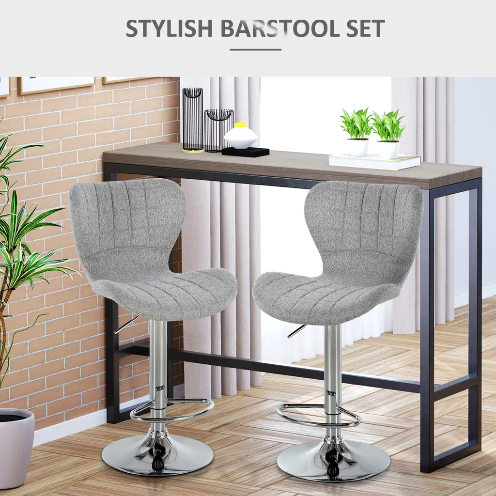 Tabouret de Bar Confortable en Lin Gris : Lot de 2 Sièges Ergonomiques