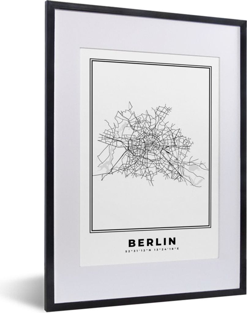 MuchoWow Gerahmtes Poster Deutschland - Berlin - Stadtplan - Karte - Schwarz-Weiß - Karte 30x40 cm - Poster mit Schwarzem Bilderrahmen Wandposte...