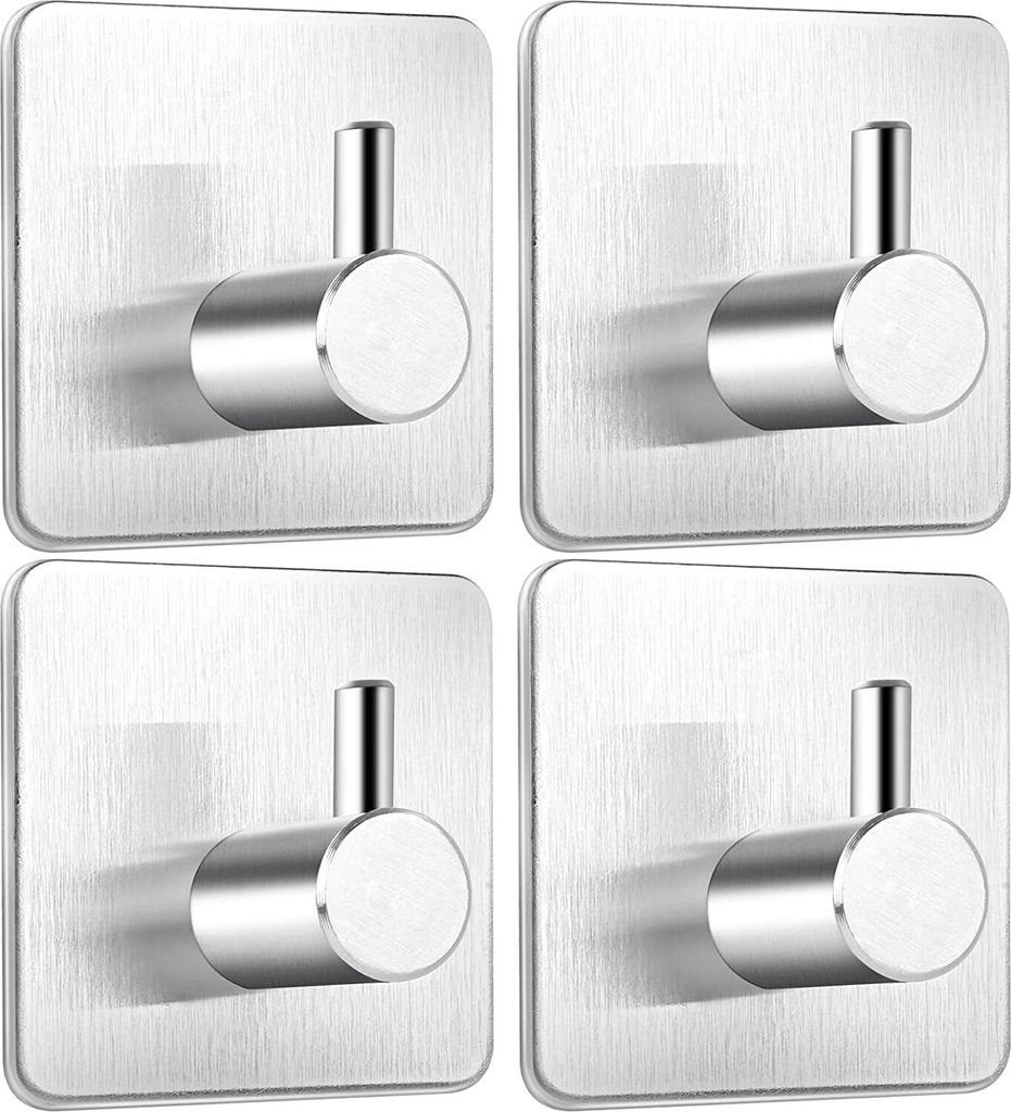 Four silver adhesive hooks are arranged in a 2x2 grid against a white background.