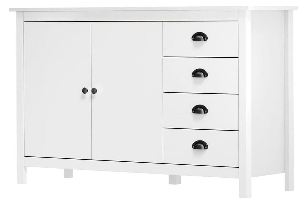 Massives Kiefernholz Sideboard mit 4 Schubladen und 2 Türen, Beistellschrank, Mehrzweckschrank, Anrichte, Weiß, 130×40×80cm