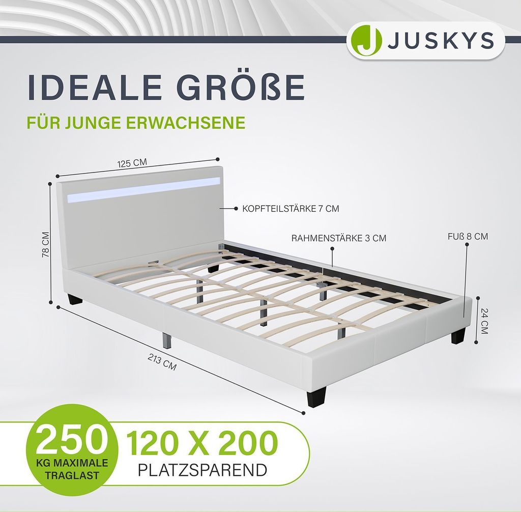 Juskys Polsterbett Verona 120 x 200 cm mit LED, Lattenrost Produktbild 5