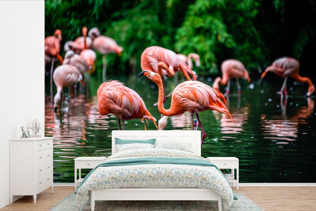 MuchoWow Fototapete für Wohnzimmer oder Schlafzimmer Wandtapete Vinyl Motivtapete Flamingo - Tropisch - Vogel - Wasser - Rosa - 600x400 cm - Vin...