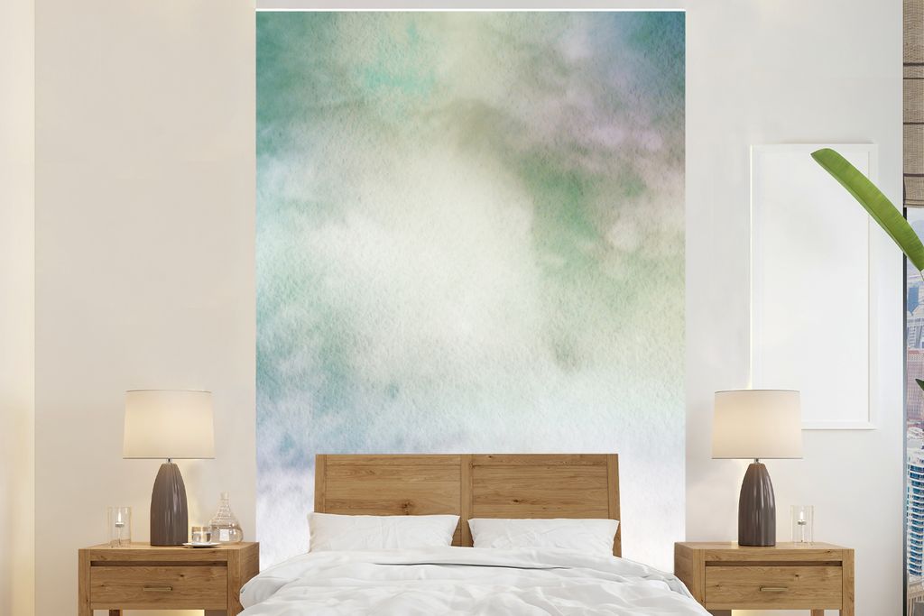 MuchoWow Fototapete für Wohnzimmer oder Schlafzimmer Wandtapete Vinyl Motivtapete Aquarell - Grün - Lila - Braun - 195x300 cm - Das Hintergrund...