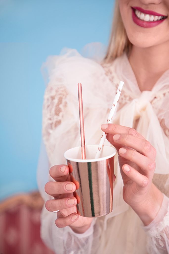 Papierstrohhalme mit Herzen 19cm weiß roségold 10er Set