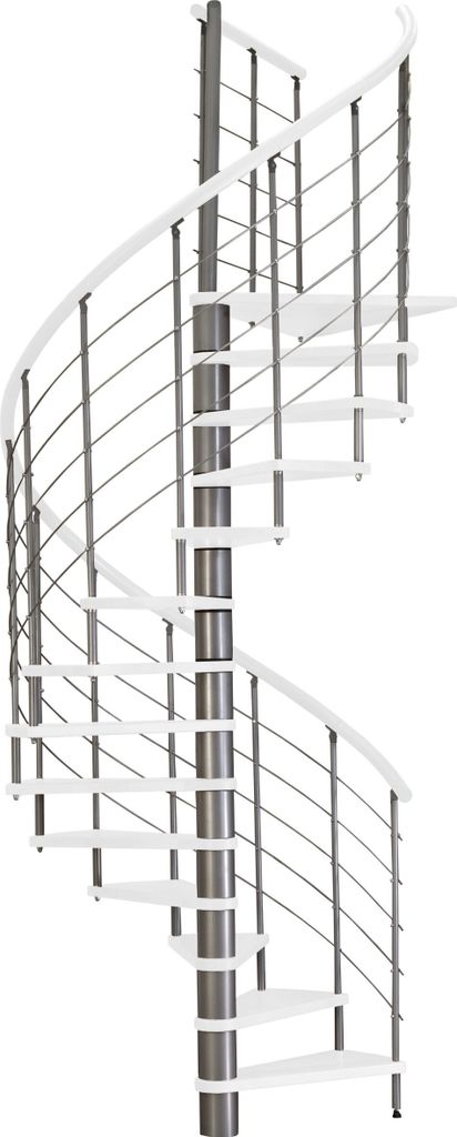 Minka Spindeltreppe Venezia weiß lackiert mit Handlauf und UK in silber Ø120cm bis 309,4cm Geschosshöhe
