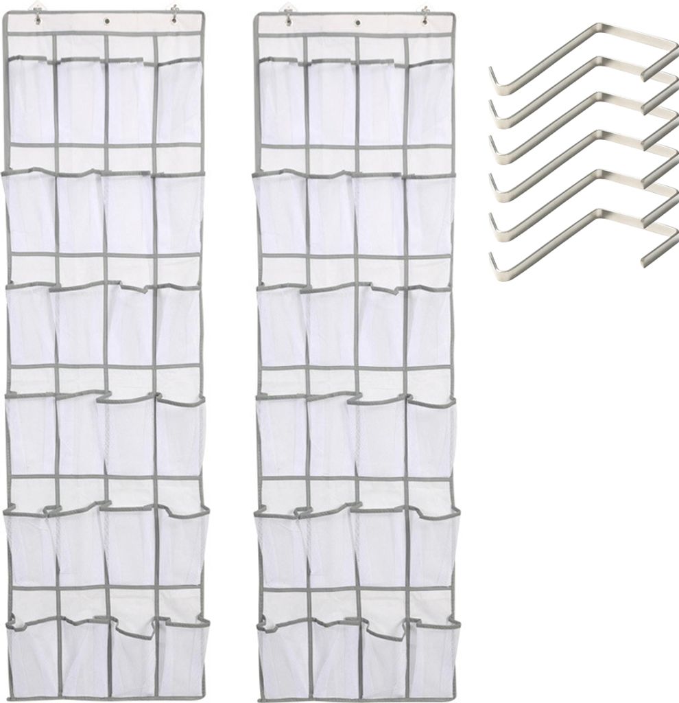 Two hanging organizers with multiple clear pockets and a set of hooks.