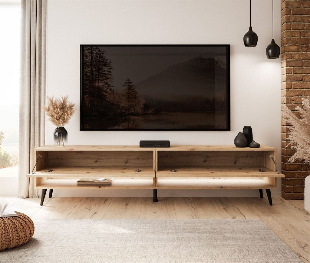 RTV Schrank CALANTE LOFT 180 cm auf Beinen mit LED-Beleuchtung schräge schwarze Beine