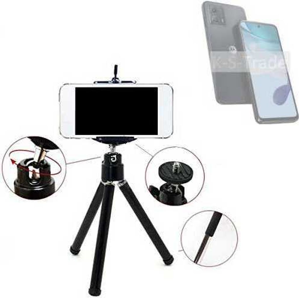 K-S-Trade Smartphone Stativ Dreibein kompatibel mit Motorola Moto G53 5G Tripod aus Aluminium Klemmstativ Stativ Adapter für Mobiltelefone schwarz