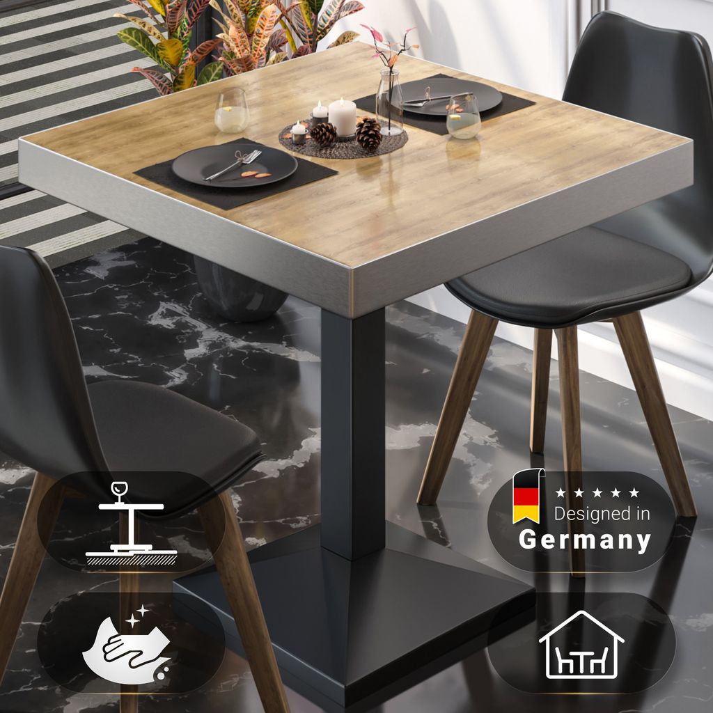 BPA | Bistro Tisch | Quadratisch | Edelstahl Rand | 80 x 80 x 81 cm | Eiche / Schwarz | Bistrotisch Gastro Tisch