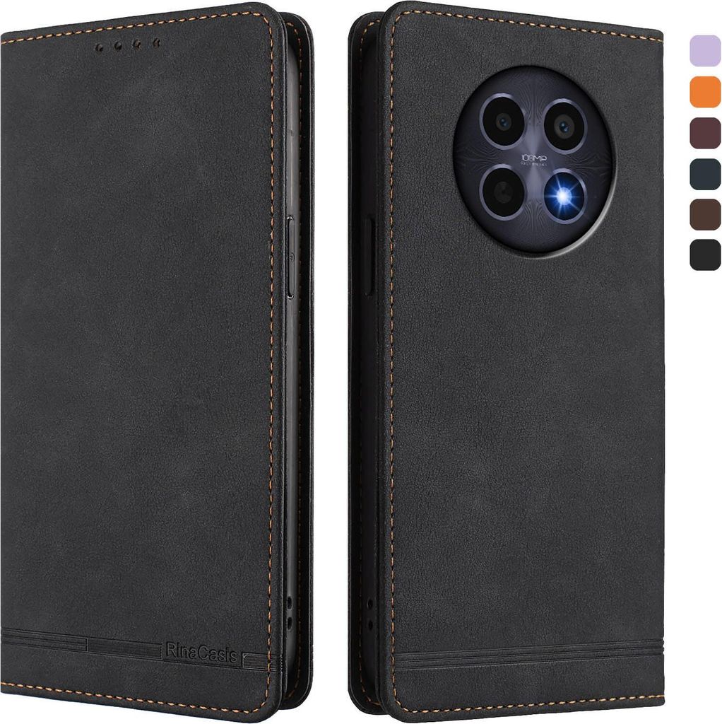 Hülle für Realme 12 5G/Realme 12x/Realme 13 5G/Narzo 70X/Narzo N65, Retro Kunstleder Ständer Klapphülle mit Kartenfächer und Magnetische Schwarz