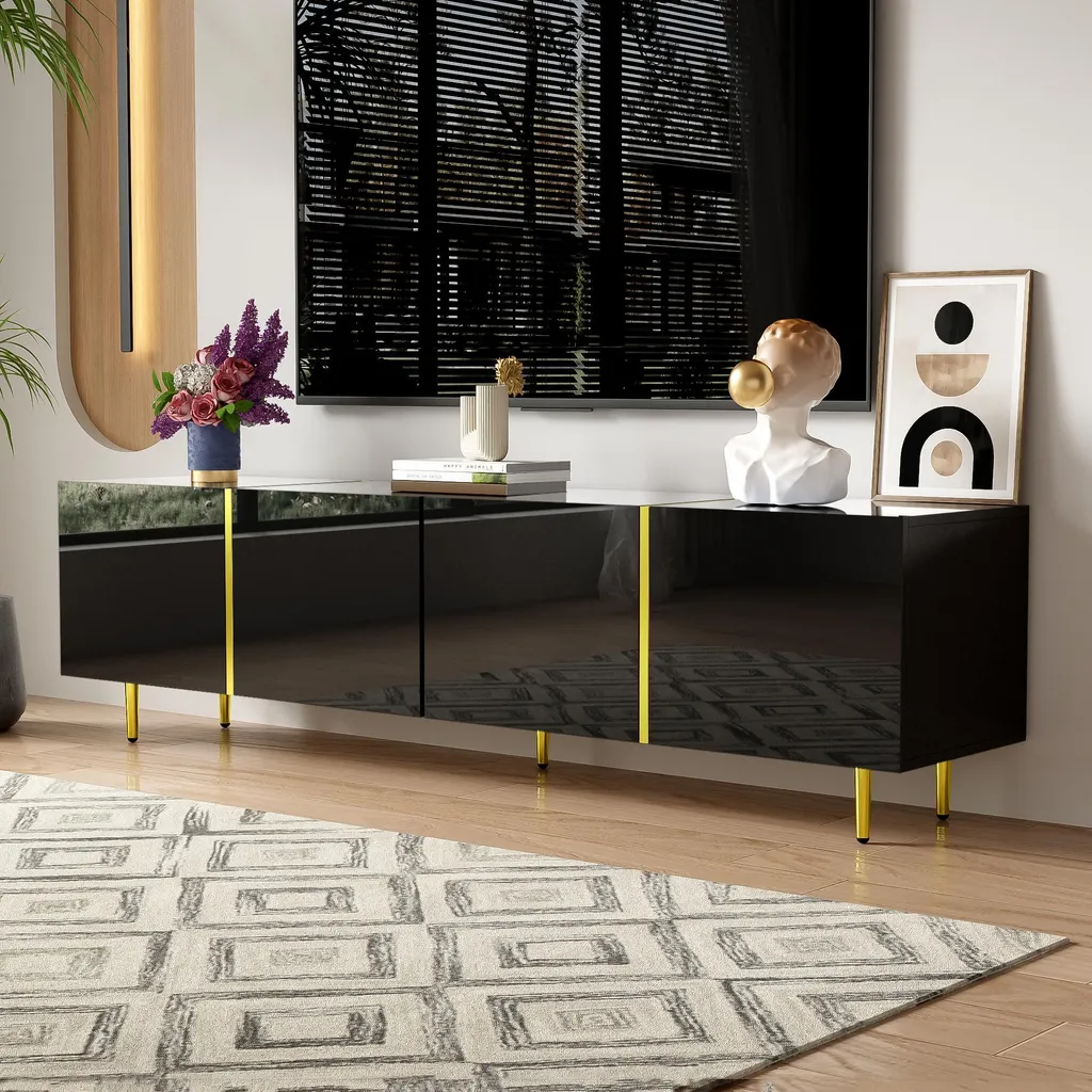 Banc TV Noir et Or avec 4 Portes de Rangement 170cm pour Salon Moderne