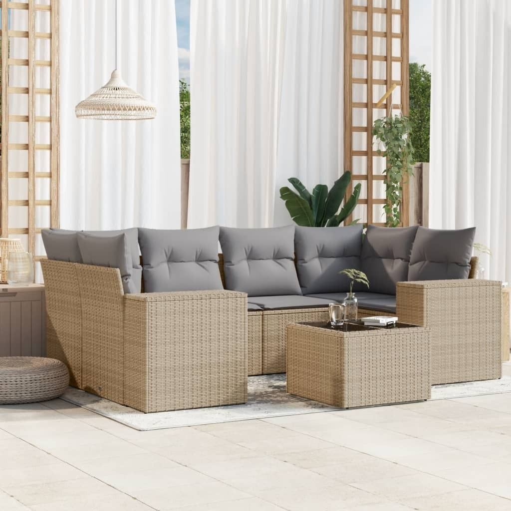 7-tlg. Garten-Sofagarnitur mit Kissen Beige Poly Rattan 3254656