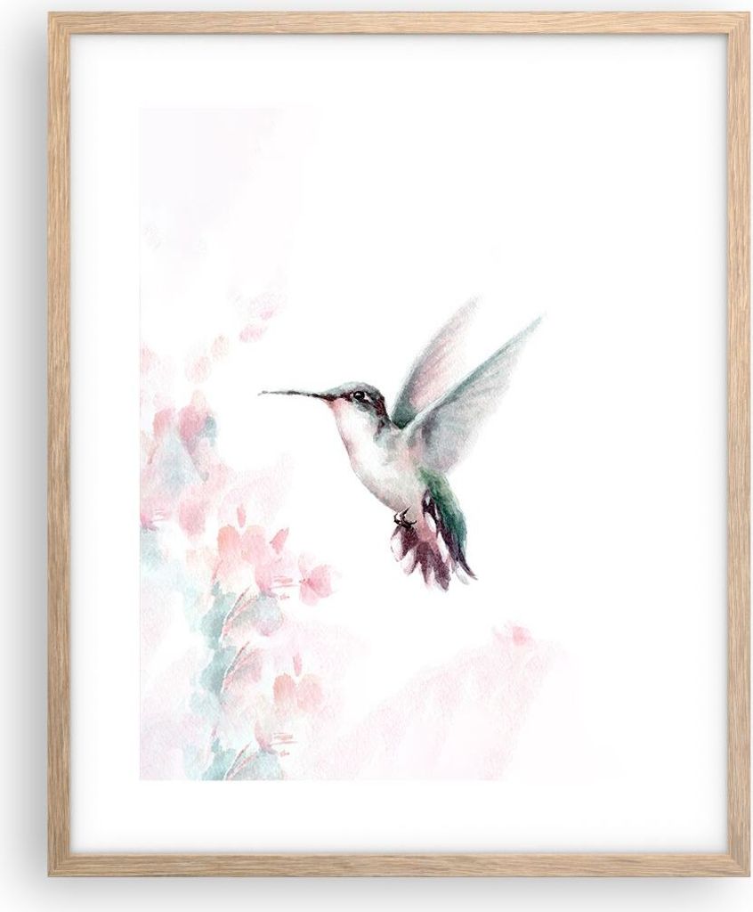 Gerahmtes Poster - Rahmen in heller Eiche - Kolibri Aquarell Licht - 40x50 cm - Wand Bild - Wanddeko - Wandbilder - Kunstposter - Wandposter - Bild...