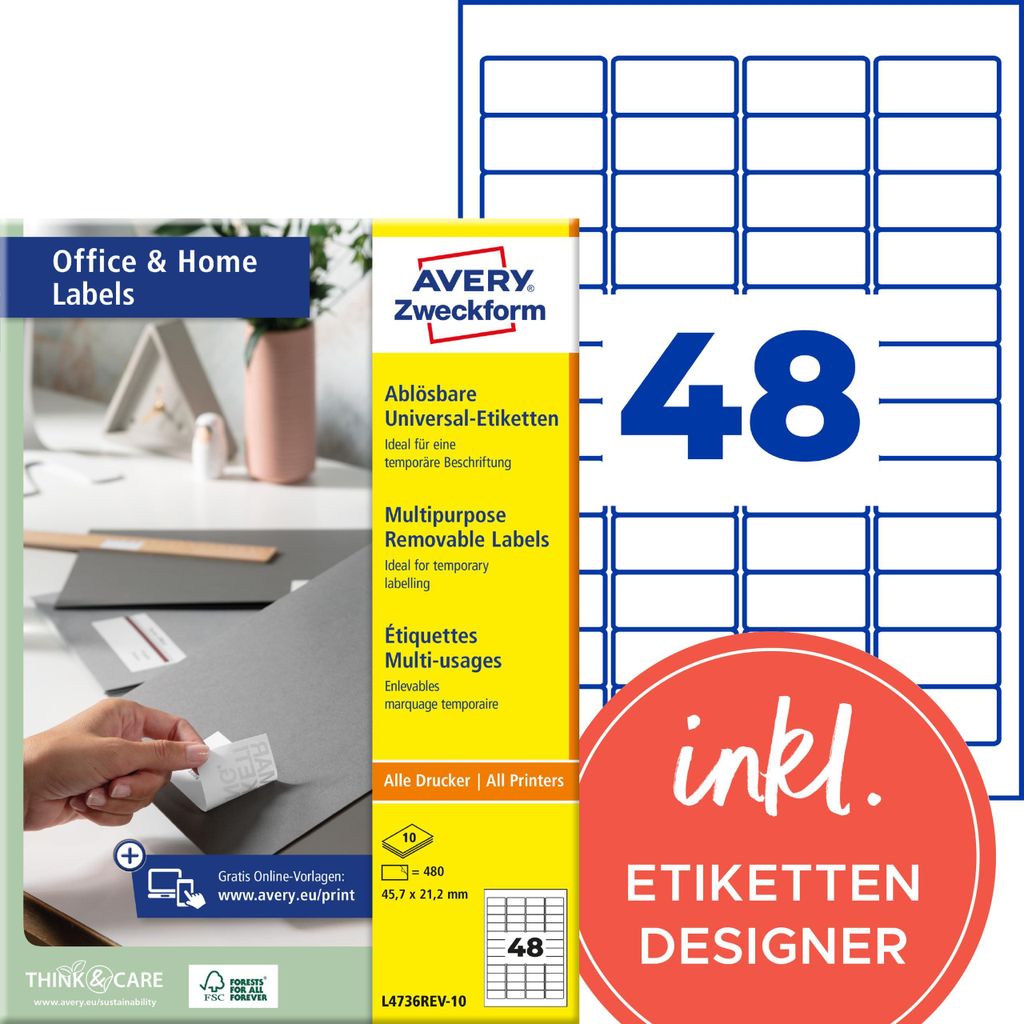 Avery L4736REV-10, Bílá, Laserová/inkoustová tiskárna, 45.7 Obrázek produktu 