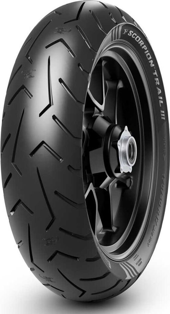 A close-up studio shot of a motorcycle tire mounted on a black rim, against a white background.