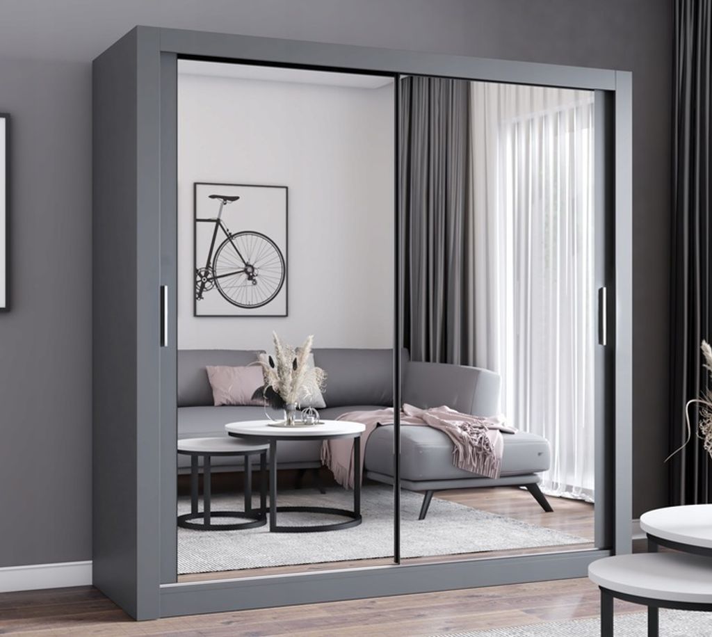 Easy4You MN Grau Schiebetürenschrank Kleiderschrank 203x215x64 cm mit Spiegel - Schlafzimmermöbel, Aufbewahrung – Mehrzweckschrank mit 4 Kleide...
