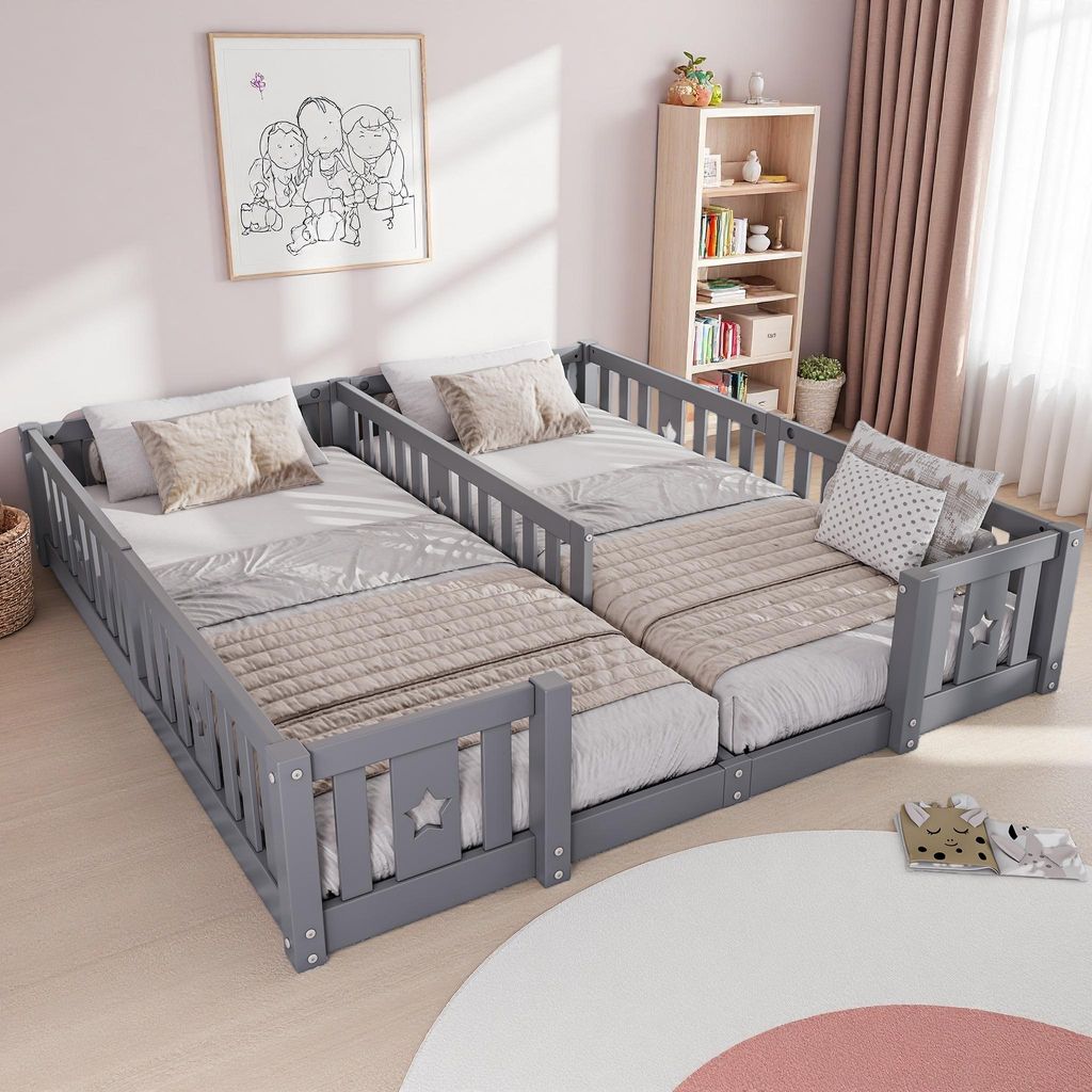 ProximaX Doppelbett mit Zaun 90x200cm, Kiefernholzbett mit Sternenloch, Bodenbett mit Lattenrost, Kindersicherer Schutzzaun, Tragfähigkeit 100kg, ...