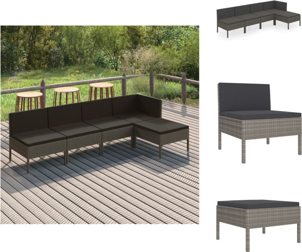vidaXL 5-tlg. Garten-Lounge-Set mit Auflagen Poly Rattan Grau - Gartenmöbel-Sets
