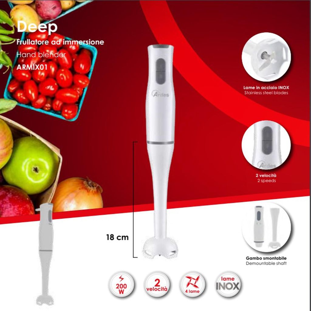 Ardes ARMIX01 Stabmixer 200W 2 Geschwindigkeiten Weiß Langer Schaft 18cm