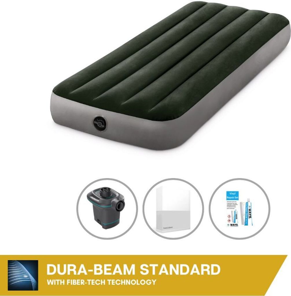 Intex Luftbett - 1 Person - 76 x 191 x 25 cm - Grün + Intex Elektropumpe - 650 Liter/Min + Spannbettlaken Weiß + Reperaturset