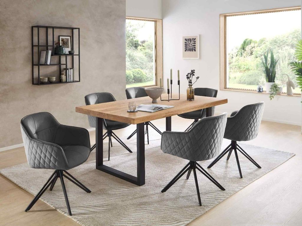 Essgruppe CAPRI-U Esstisch Eiche massiv geölt, 6 Stühle in grau