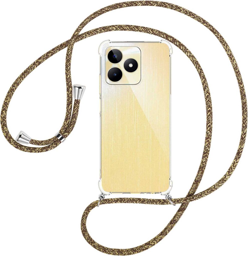 Handykette Backcover-Schutzhülle mit Band (Metall silberfarben) für Realme C53 (RMX3760, 6.74'') - braun+beige