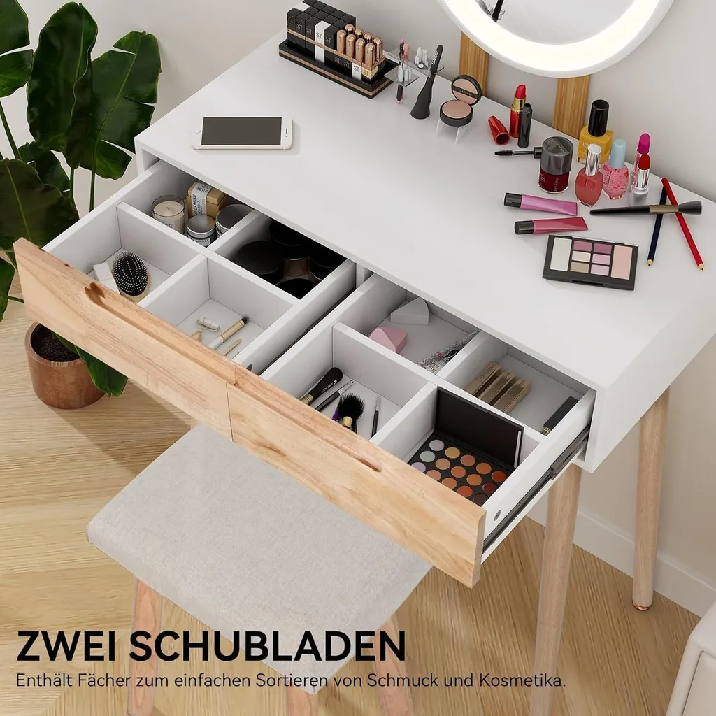 Coiffeuse avec éclairage LED réglable, miroir et 2 tiroirs - Modèle LUNA - 4
