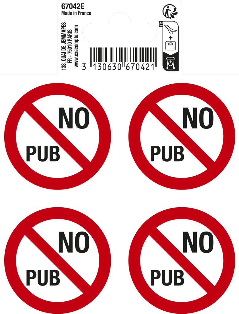 Exacompta Hinweisschilder 4x No pub (keine Werbung), 10x10 cm PVC - Rot - 67042E