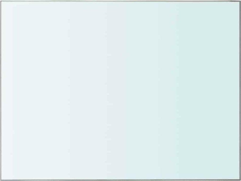 A plain white background with a subtle gradient of light blue, showcasing a transparent glass shelf.